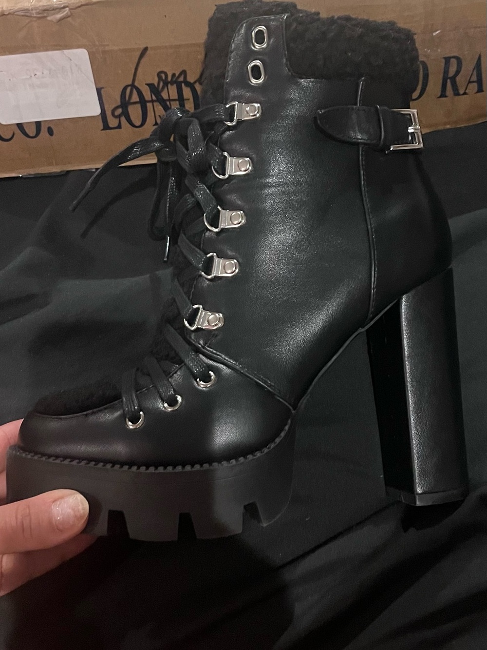 Women’s Black Shearling-Trim Lug Heeled Ankle Boots - Picture 5 of 6